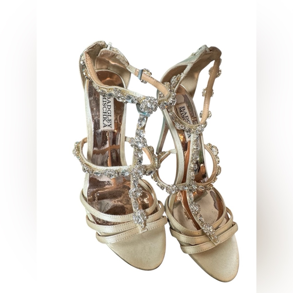 Badgley Mischka Thelma Ankle Strap Heels with Crystal Flower Detailing - Picture 3 of 9